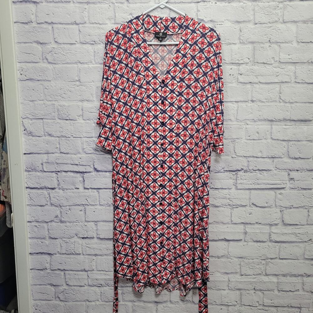 Curations Button Front Popover Dress Sz M‎ Belted Retro Trad Housewife Geometric